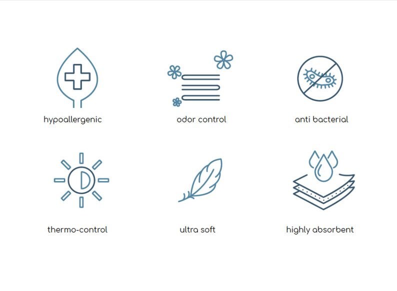 May include: Six icons representing different product features. The icons are: hypoallergenic, odor control, anti-bacterial, thermo-control, ultra soft, and highly absorbent.