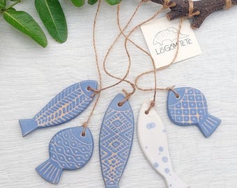 Handmade Ceramic Fish Wind Chimes – Cobalt Blue Matte Glaze