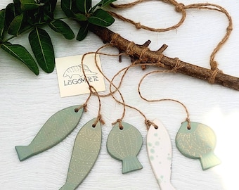 Bright Green Ceramic Fish Wind chimes, wall decor, Christmas gift, Xmas present, outdoor accessories