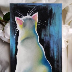 Quadro piccolo originale, pastelli morbidi su carta, gatto di spalle, regalo originale amante dei gatti, ritratto di gatto bianco