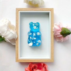 Blue gummy bear, pop art painting, home decoration, candy art, fake food, haribo candy, blue clouds sculpture painting, gummy bear picture