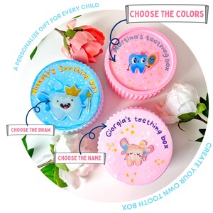 May include: Three personalised tooth fairy boxes in blue, pink, and pink with cartoon tooth designs. The boxes have text that says "Martina's teething box", "Missola's teething box", and "Giorgia's teething box". The image also includes text that says "Choose the colours", "Choose the draw", and "Choose the name".