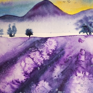 Campo di lavanda ad acquerello, dipinto originale su carta cotone, acquerello botanico, dipinto acquerelli, lavanda e lillá, paesaggio