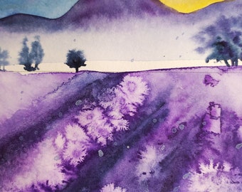 Lavender field in watercolor, original painting on cotton paper, landscape painting, provenzale watercolor, original watercolor painting