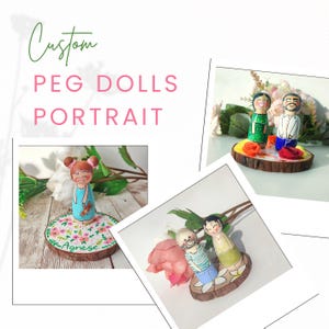 Custom family portrait peg dolls on wood slice with pets, hand-painted wooden figures, unique Christmas gift, original Family gift
