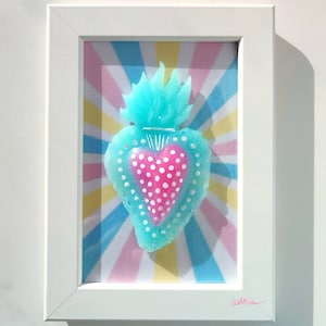 Sacred heart ex voto, neon pop art resin, Catholic wall art, home decoration heart, light blue and pink Mexican pop art