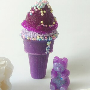 Ice cream and gummy bear set, violet icecream, 3D pop art, violet gummy bear, candy art, 3D ice cream, fluorescent pop art, resin sculptures