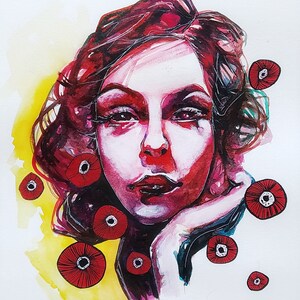 Acquarello originale ritratto di ragazza con papaveri, ritratto con volto, arte moderna, dipinto con papaveri, ritratto contemporaneo