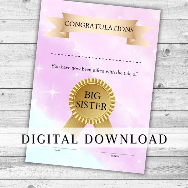 I'm Going To Be A Big Sister Certificate. New Baby DIGITAL Announcement. Baby Shower Idea. Kids PRINTABLE New Sibling Gift. Big Sister Award