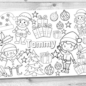 Kinder Elfen Malseite. Kinder Weihnachts Platzset. Weihnachtsabenddose. Weihnachtsparty. Strumpffüller. Digitale Tischdekoration