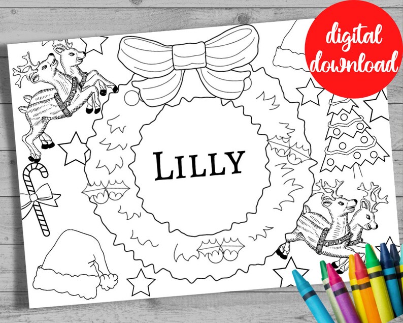 Kids Personalised Christmas Colouring Place Setting. Childrens Christmas Eve Box Filler. Christmas Party Decor. Kids digital Colouring 