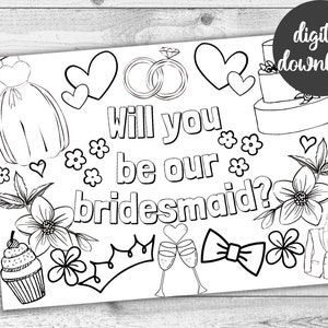 Will You Be My Bridesmaid Printable Colouring Page. Instant Download Young Bridesmaid Proposal. Print Yourself