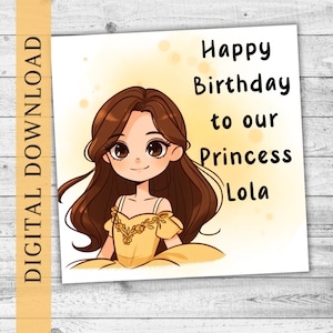 Carte NUMÉRIQUE personnalisée inspirée de la princesse. Jolie fille, cadeau d'anniversaire de petite-fille. Téléchargement numérique PNG PDF