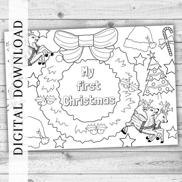 Baby 1st Christmas Colouring Page. Gingerbread Christmas Eve Box, stocking fillers and stuffer. Xmas PNG PDF Printable. Digital Table Decor