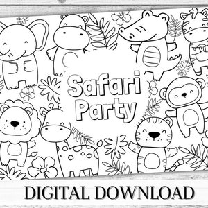 May include: Black and white coloring page featuring a variety of safari animals including a lion, giraffe, elephant, monkey, zebra, hippopotamus, tiger, and crocodile. The text "Safari Party" is written in large letters at the center of the page.  The page is labeled "Digital Download" at the bottom.