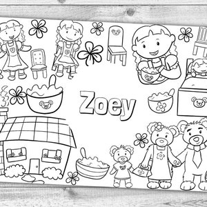 May include: A black and white coloring page featuring a girl named Zoey and her teddy bears. The page includes a house, a bed, chairs, and bowls of porridge.