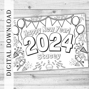Feliz Año Nuevo Lugar para colorear personalizado. Decoración infantil de Nochevieja. Actividad para colorear para niños para fiesta