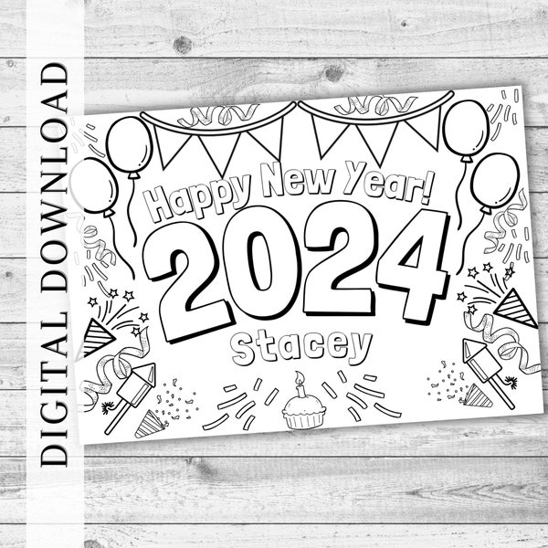 Happy New Year Personalised Colouring Place Setting. Children's New Year Eve Decor. Kids Colouring Activity for Party