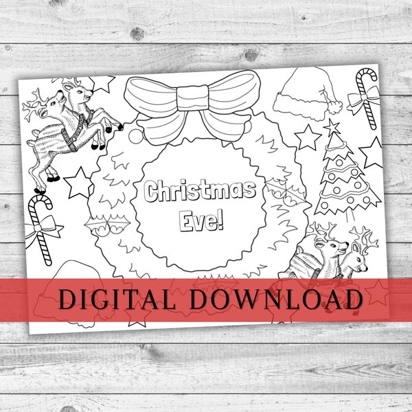 Christmas Eve Colouring Place Setting. Children's Xmas Stocking Filler. Party Decor. Kids digital Colouring. December 1st Box