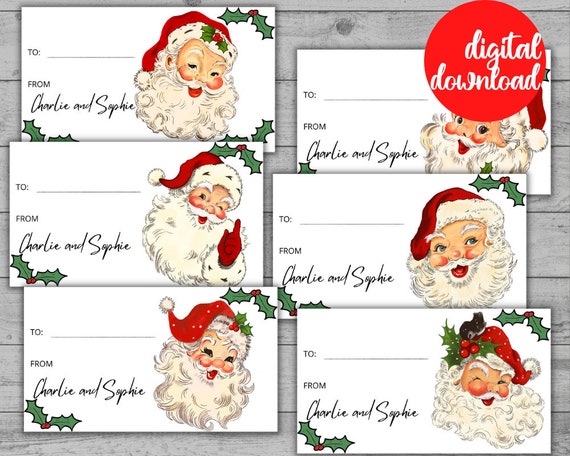 Digital Christmas Gift Name Tags. Set of 6 Personalised Vintage Santa  Printable Labels. 