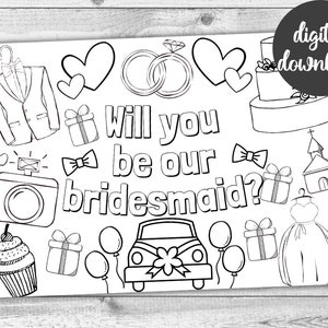 Will You Be My Bridesmaid Printable Colouring Page. Instant Download Young Bridesmaid Proposal. Print Yourself