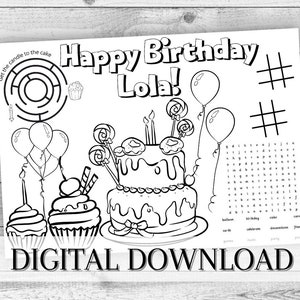 Disegno da colorare di torta di compleanno DIGITALE personalizzata. Riempitivo di borse per feste per bambini. Giochi per ragazzi e ragazze. Attività di colorazione digitale