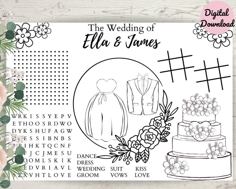 Printable Personalised Wedding Activity Mat. Kids Colouring. Children's ...