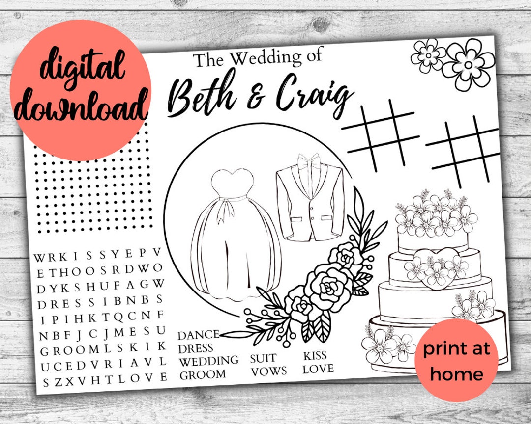 Printable Personalised Wedding Activity Mat. Kids Colouring. Children's ...