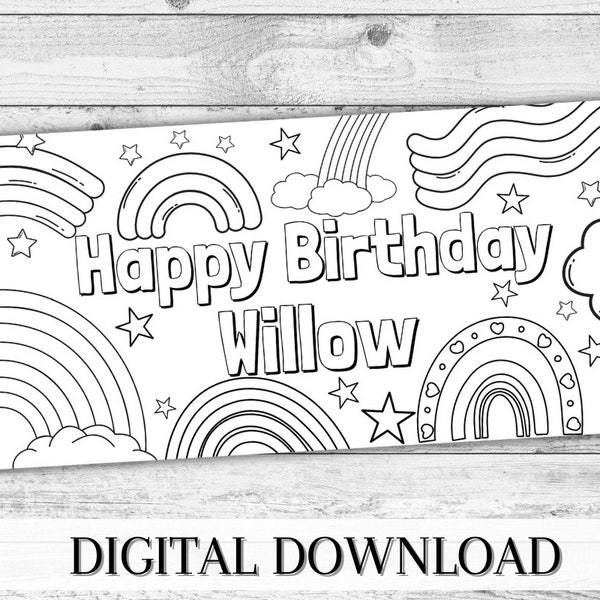 Personalised Table Runner. Rainbow Happy Birthday Party Decor Theme. Childrens  DIGITAL Party Games Ideas. Colouring Table Cover