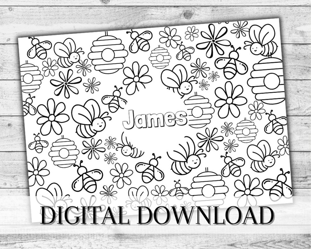 Personalised Bumble Bee DIGITAL Download Birthday Colouring Page. Party