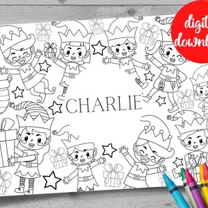 Kinder Elfe Malseite. Weihnachts Tischset für Kinder. Heiligabend-Box. Weihnachtsfeier. Strumpffüller. Digitale Tischdekoration
