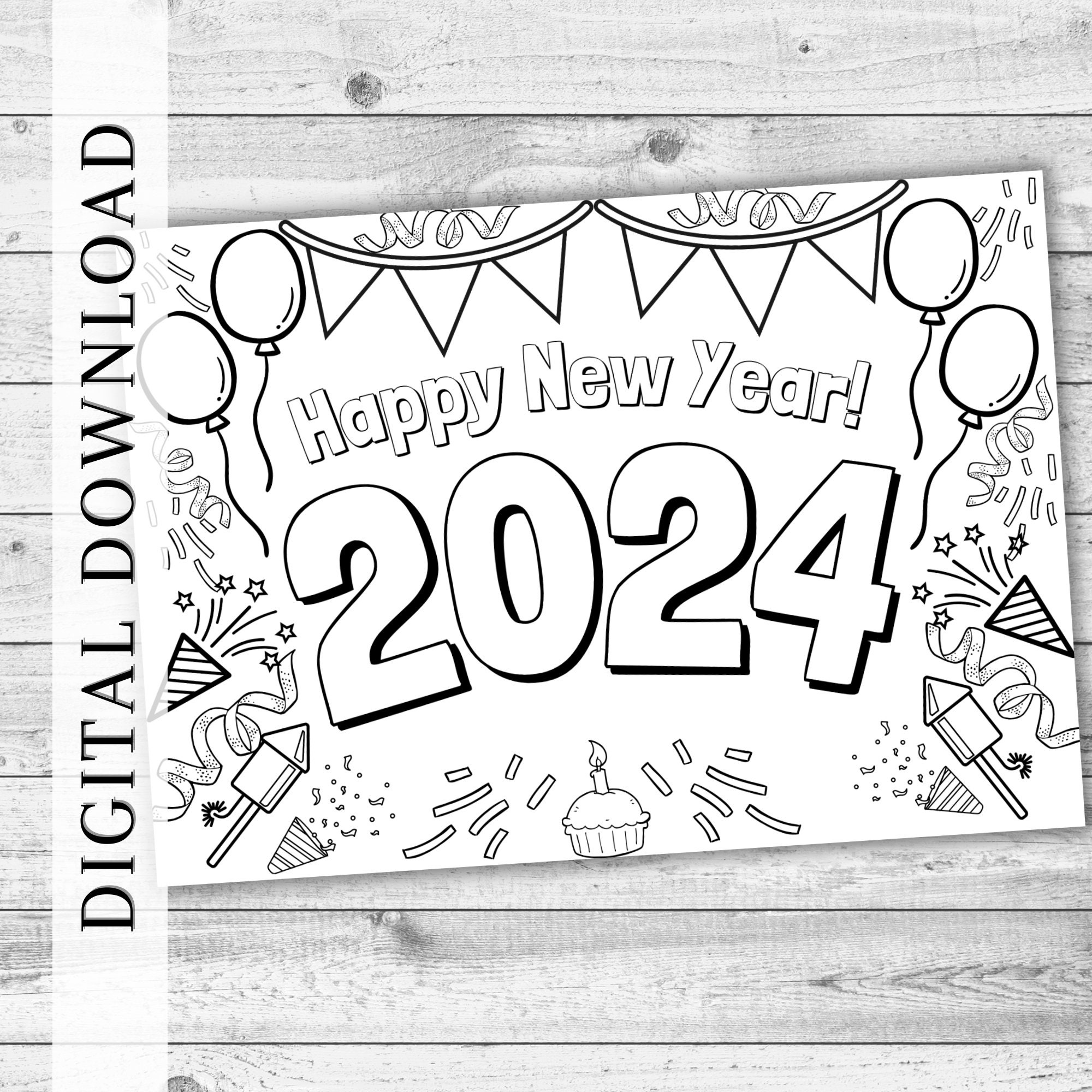 Happy New Year 2024 Colouring Place Setting. Children's New Year Eve