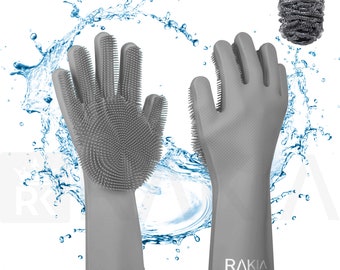 Rakia Magic Silicone Dishwashing Gloves with Built in Sponge, comes with Stainless Steel Scrubbing Ball(2 pairs gloves)