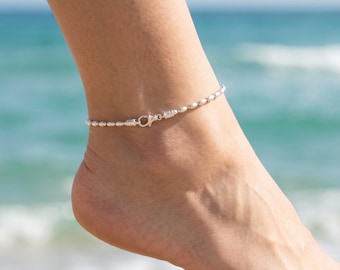 Solid Silver Olive Bead Anklet for Mom Sister Friend, Delicate Foot Bracelet Chain
