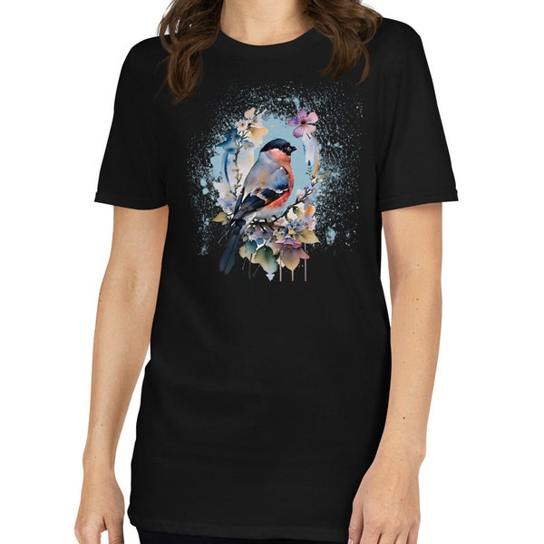 Kurzärmeliges Unisex-T-Shirt,vogel,aquarell,boho,wildblumen,blumen,fink