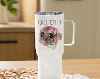 Reismok met handvat, reismok met handvat, mok, heerlijke koffie, hamster, droevige hamstermeme, droevige hamster