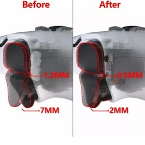Puede incluir: Una comparación lado a lado de un mando de videojuego antes y después de la modificación. La imagen muestra el área de agarre del mando con medidas en milímetros. El lado izquierdo muestra el agarre original, que tiene 7 mm de grosor y 1,2 mm de ancho. El lado derecho muestra el agarre modificado, que tiene 2 mm de grosor y 0,5 mm de ancho.