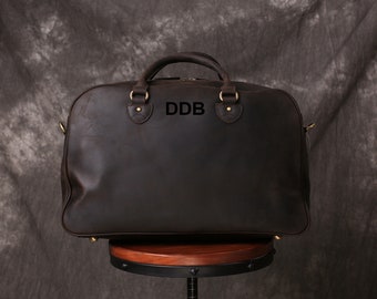 Personalized Leather Duffel Bag: Full Grain Brown Weekender Travel Bag