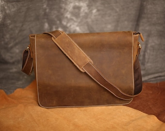 Rustikale 15 Zoll Vintage Crossbody Echtes Leder Laptop Messenger Bag personalisierte Leder Tasche Tasche Geschenk für Männer große Tasche