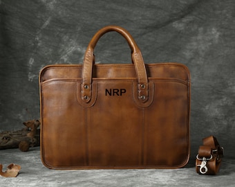Personalized Vintage Brown Full Grain Leather Briefcase: 16'' Laptop Bag