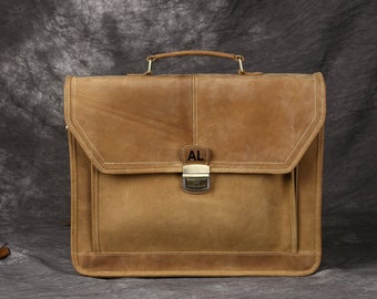 Full Grain Leather Briefcase, Personalized Leather Briefcase Bag, Laptop Messenger Bag, Brown Shoulder Bag, Leather portfolio, Mens Gift