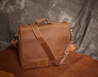 Full Grain Leather Messenger Bag, 15 Inch Leather Briefcase, Distressed Leather Laptop Bag, Shoulder Bag Men, Personalized Leather Satchel