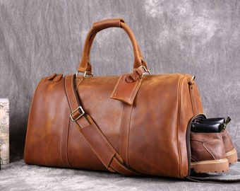 Full Grain Leather Duffle Bag With Shoe Compartment Personalized Mens Travel Bag Weekend Luggage Bag Unique Christmas Gifts,Carry-on Bag