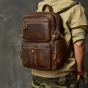 Mens Full Grain Leather 15.6 Inches Laptop Backpack Large Capacity Weekender Overnight Camping Travel Rucksack Personalized Leather Backpack