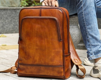 Gepersonaliseerde Commuter Slim Backpack 15,6" Laptop Computer & Tablet Reizen Bruine Lederen Rugzak Rugzak Hipster Rugzak cadeaus voor hem haar