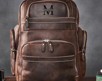 Personalisierte Vollnarbenleder 16 Zoll Laptop Rucksack Große Kapazität Weekender Overnight Camping Reiserucksack Herren Leder Rucksack