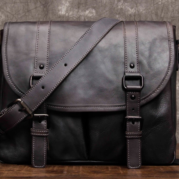 Full Grian Leather messenger bag mens leather messenger bag Satchel Tablet Ipad Personalized Leather Satchel Bag 12'' Laptop Bag Christmas