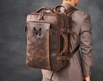 Full Grain Leather Backpack, Leather Messenger Bag, Leather Laptop Bag, Mens Briefcase, Rucksack, Large Capacity Weekender Overnight Camping