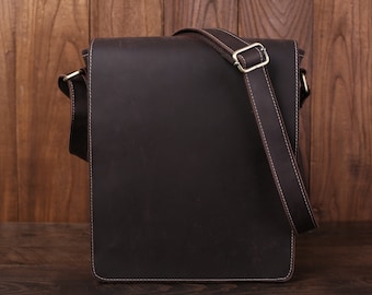 Personalized Full Grain Leather Messenger Bag For Men Vintage Leather Flapover Satchel Bag Fit 10" Laptop Crossbody Bag Christmas Gfits
