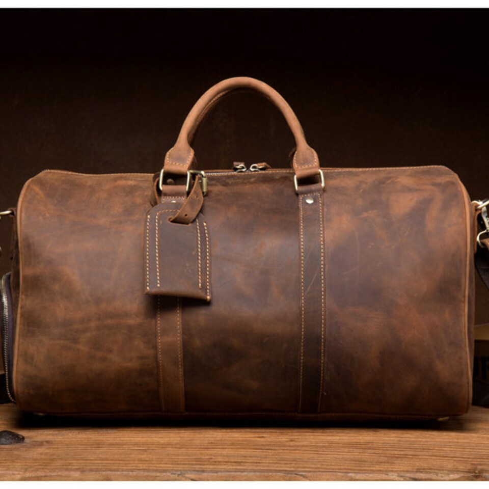 Discover Groomsmen Gifts Distressed Leather Duffle Bag With Shoe Compartment Rustic Large Travel Bag